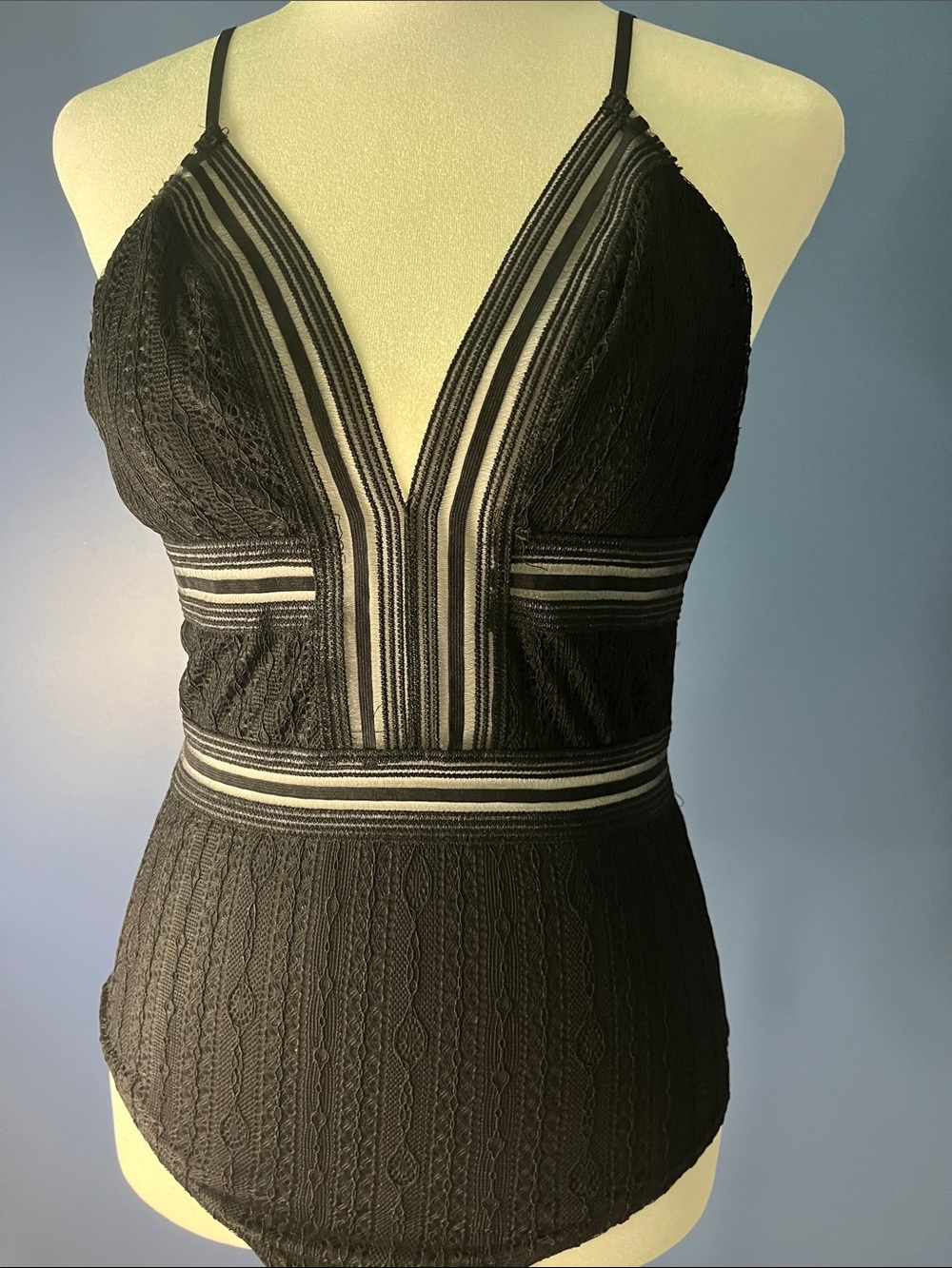 Blue Blush- made with love, lacy black bodysuit, zip back, see through stripes S